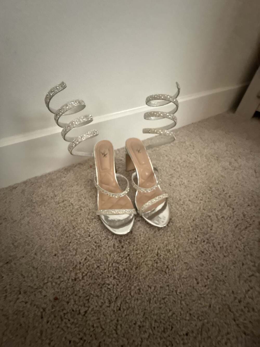 Rhinestone Spiral Block Heel Sandals Silver